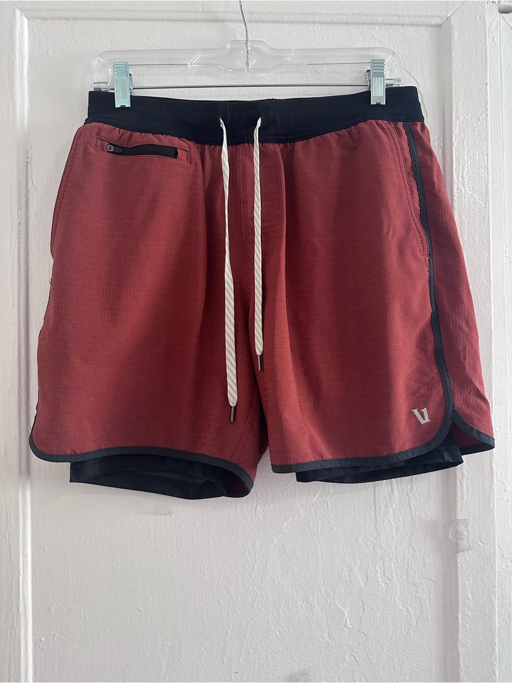 Vuori Men's Brick Red Athletic Shorts with Black Waistband and Trim